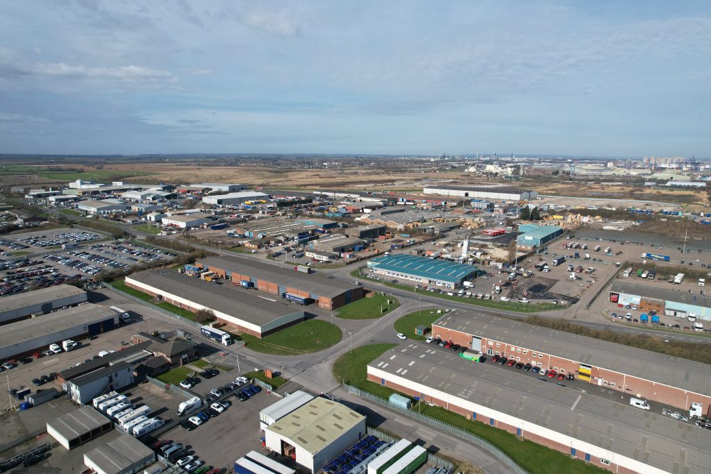 Aerial view of Immingham secure warehousing in the North of England