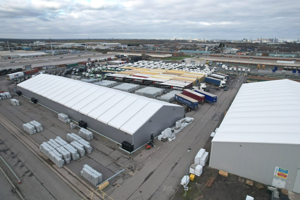 Bonded Warehouse in Immingham. Aerial view across secure warehouse site.