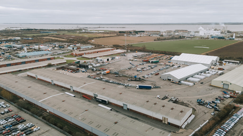 Image shows an aerial drone shot of the GWS warehousing and storage site in Immingham
